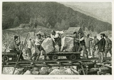 Arbeiter arbeiten am Alfeld-Damm. Gravur von Lix zur Illustration der Geschichte A travers l