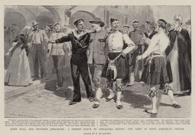 John Bull und Bruder Jonathan, eine Straßenszene in Gibraltar während des Besuchs einiger amerikanischer Truppen von Frederic de Haenen