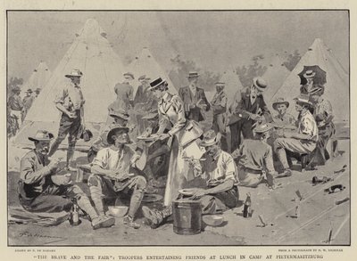 Die Tapferen und die Schönen, Soldaten unterhalten Freunde beim Mittagessen im Lager in Pietermaritzburg von Frederic de Haenen