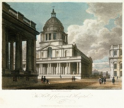 Ansicht des Greenwich Hospital (Kent, England), Beschreibung der Kuppel und der nordöstlichen Ecke des Hofes von König Wilhelm, mit der Nordfassade der dahinter gemalten Halle und einem Teil des Hofes und der Kapelle von Königin Maria von Frederick (after) Nash