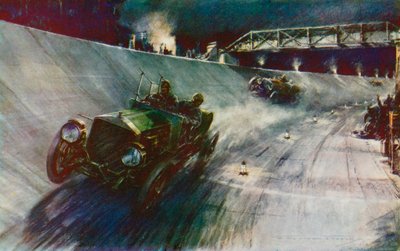 1907 gelang es S. F. Edge, der den Napier allein fuhr, 24 Stunden lang 60 mph zu halten, der erste Rekord auf der neuen Brooklands-Strecke von Frederick Gordon (after) Crosby