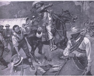 Burenbehandlung von Friedensgesandten: Die Auspeitschung von Margendaal, aus After Pretoria: Der Guerillakrieg veröffentlicht von Harmsworth Bros Limited, 1901 von Frederick Judd Waugh