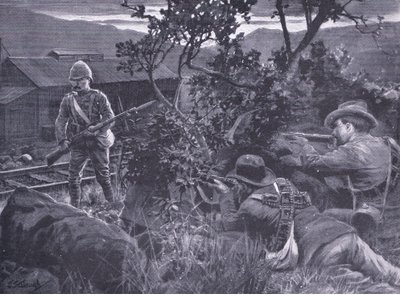 Entarteter Krieg: Buren schießen auf einen Wachposten, aus After Pretoria: Der Guerillakrieg veröffentlicht von Harmsworth Bros Limited, 1901 von Frederick Judd Waugh