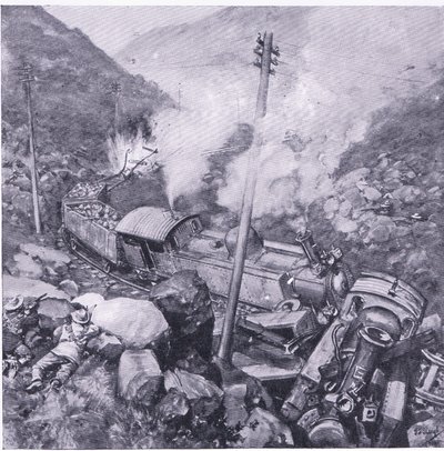 Die Zerstörung eines gepanzerten Zuges in der Nähe von Vlakfontein, Illustration aus After Pretoria: The Guerilla War, 1902 von Frederick Judd Waugh