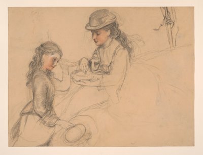 Studie von zwei Mädchen, mit einer Handstudie rechts von Frederick Sandys