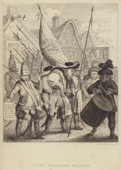 City Trained Bands: Satire über die Milizen der City of London und die Panik, die durch die Jakobiten-Rebellion von 1745 ausgelöst wurde (Stich) von Frederick William Fairholt