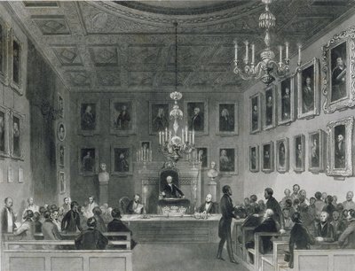 Ansicht des Inneren von Somerset House, zeigt ein Treffen der Royal Antiquarian Society, ca. 1840 von Frederick William Fairholt