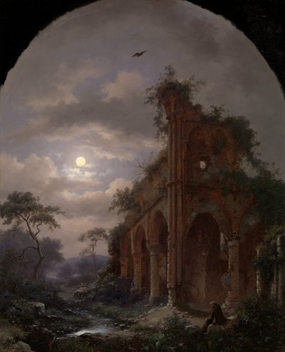 Mönch, der bei Mondlicht in der Nähe einer Ruine meditiert von Frederik Marinus Kruseman (signed by artist)