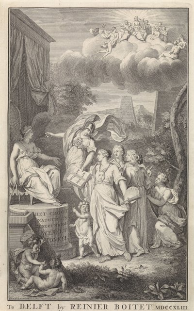 Minerva und die Künste vor einer thronenden Figur (Titelblatt für: Das große Natur- und Sittenkundliche Welttheater, Delft, R. Boitet, 1743) von Frederik Ottens