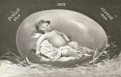1915, Osterkarte zeigt bereits bewaffneten Babysoldaten im Ei von French Photographer