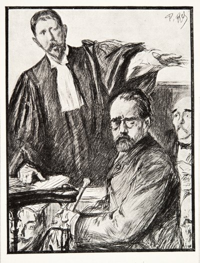 Dreyfus bei seinem Prozess, aus „Geschichte der Dritten Republik“, Bd. I, „Die politische Geschichte“, veröffentlicht 1933 (Lithografie) von French Photographer