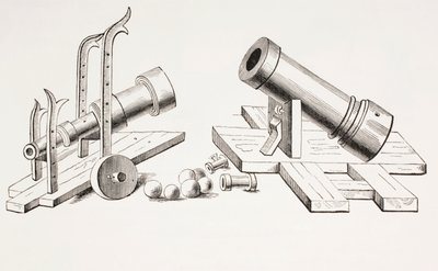 Kanonen des 15. Jahrhunderts, mit festem Lafettengestell (rechts) und rollendem Lafettengestell (links) aus Les Arts au Moyen Age, veröffentlicht 1873 von French School