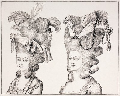 Französische Mädchen des 18. Jahrhunderts mit extravaganten Frisuren und Hüten, 1875 von French School