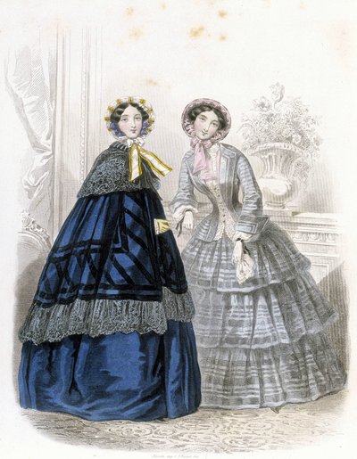 2 modische Frauen: in Outfit - im „Journal des Demoiselles“ 1852 (Gravur) von French School