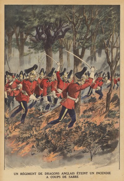 Ein britisches Dragonerregiment löscht ein Feuer mit ihren Schwertern von French School
