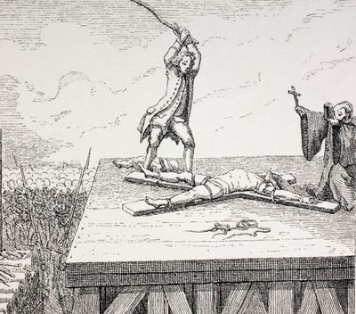 Ein zum Tode verurteilter Verbrecher wird im 18. Jahrhundert in Frankreich auf einem Andreas-Kreuz gebrochen, 1875 von French School