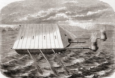 Ein griechisches Feuerschiff, nach einer Zeichnung in einem lateinischen Manuskript aus dem 13. Jahrhundert, aus „Les Merveilles de la Science“, veröffentlicht ca. 1870 (Gravur) von French School