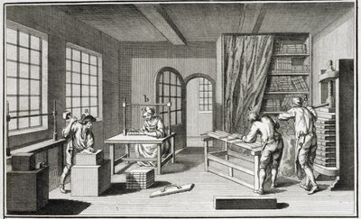 Eine Buchbinderwerkstatt, aus der Encyclopedie des Sciences et Metiers von Denis Diderot (1713-84) veröffentlicht ca. 1770 von French School