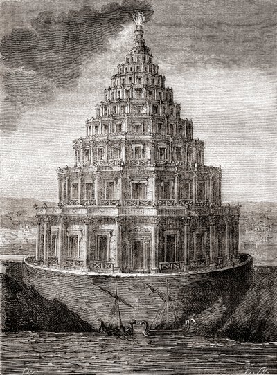 Eine imaginäre Darstellung des 19. Jahrhunderts des Leuchtturms von Alexandria, auch bekannt als Pharos von Alexandria, ein Leuchtturm, der vom Ptolemäischen Königreich zwischen 280 und 247 v. Chr. erbaut wurde, aus 