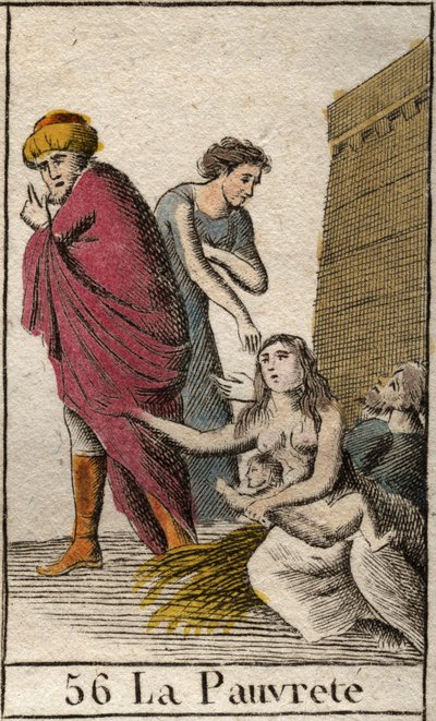 Darstellung der Armut, barfuß und in Lumpen gekleidet, sie sitzt auf Stroh. Aus „Mythologie der Jugend“ von Pierre Blanchard 1803. von French School
