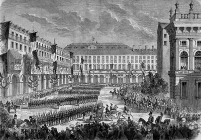 Eine Truppenparade, abgehalten vom italienischen König Viktor Emanuel II. in Turin am 7. Juni von French School