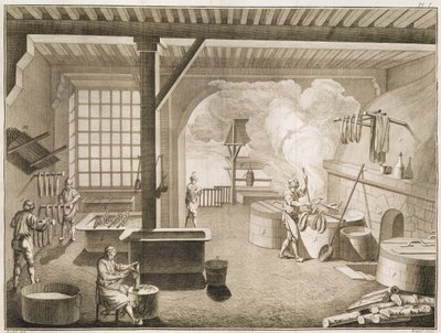 Eine Seidenfärberei, aus der Encyclopedie des Sciences et Metiers von Denis Diderot (1713-84) veröffentlicht ca. 1770 von French School