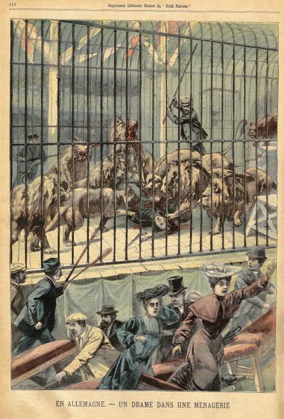 Eine Dompteurin wird in einer Menagerie in Dessau, Deutschland, von ihren Löwen gefressen. Gravur in „Le Petit Parisien“, am 27.12.1903. von French School