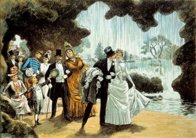 Eine Hochzeit an einem Wasserfall. Ehepaar im Parc des Buttes Chaumont (?). Druck aus dem späten 19. Jahrhundert Privatbesitz von French School