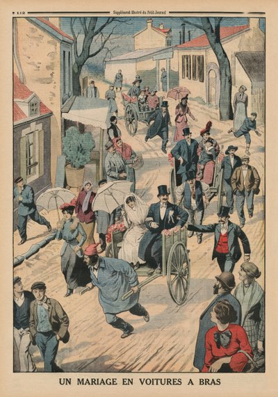 Eine Hochzeit auf Handkarren, Rückseitige Illustration aus Le Petit Journal, supplement illustre, 5. April 1914 von French School