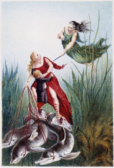 Eine Frau greift eine andere Frau und einen Jungen an, geführt von Delfinen - in "Reise zum Meeresgrund" von H. de la Blanchère. Paris, ed. Jouvet et Cie, sd. 1880. (doppelt 02947) von French School