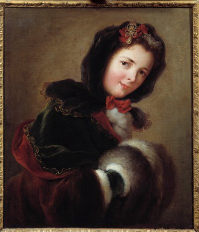 Ein junges Mädchen, gekleidet für den Winter mit Ärmel und Umhang. Gemälde der französischen Schule von French School