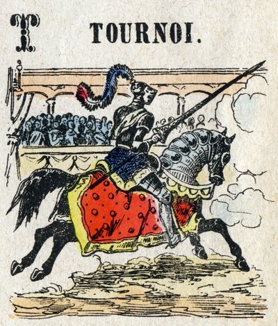 Abecedarium. Buchstabe T wie Turnier. Kleines enzyklopädisches Alphabet, beliebte Serie. Epinaler Bildgebung, Ende des 19. Jahrhunderts von French School