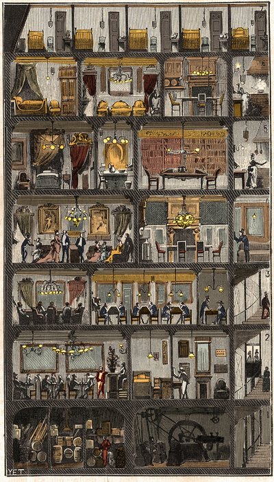 Unterkunft in Paris - Querschnitt eines Pariser Hauses 1885 - Querschnitt eines Hauses in Paris im Jahr 1885. in „La Nature. Revue des sciences et de leurs applications aux arts et à l