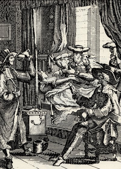 Akt II des Theaterstücks „Die Liebe als Arzt“ von Molière (1665): Lucinde, die Tochter von Sganarelle, untersucht von 4 inkompetenten Ärzten, Gravur von French School