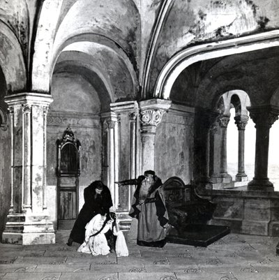 Akt IV, Szene 2 von Pelléas et Mélisande von Debussy, aus einem Foto der ersten Aufführung im April 1902 der Oper an der Opéra-Comique in Paris, Illustration in Theatre Magazine, Juni 1902 von French School