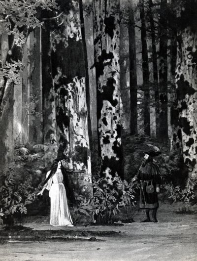 Akt I, Szene 1 von Pelléas et Mélisande von Debussy, aus einem Foto der ersten Aufführung im April 1902 der Oper an der Opéra-Comique in Paris, Illustration in Theatre Magazine, Juni 1902 von French School