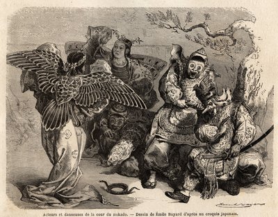 Schauspieler und Tänzer des Mikado-Hofes in Bühnenkostümen. Gravur zur Illustration der Reise nach Japan 1863-1864, von Aime Humbert, Minister der Schweizerischen Eidgenossenschaft, in 