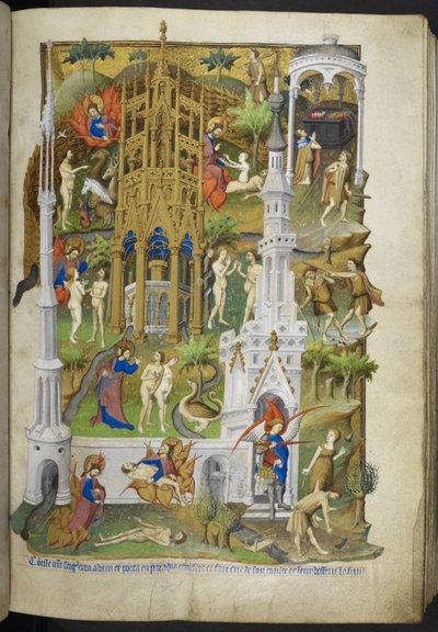 Szenen aus der Schöpfung und dem Sündenfall, Adam und Eva und ihre Söhne Kain und Abel, aus dem Stundenbuch (The Bedford Hours) (ca. 1410-30) von French School