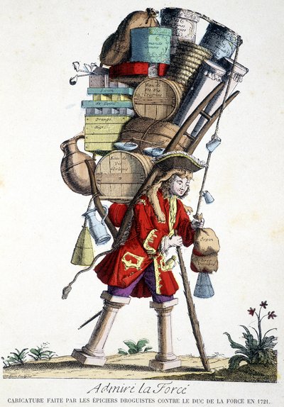 Bewundere die Kraft. Karikatur von Apothekern gegen den Herzog von Force im Jahr 1721. von French School