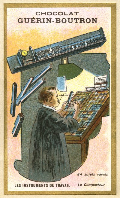 Werbechromolithografie von Guerin Boutron Schokoladen, Arbeitsinstrumente, 84 verschiedene Motive, der Komposter von French School