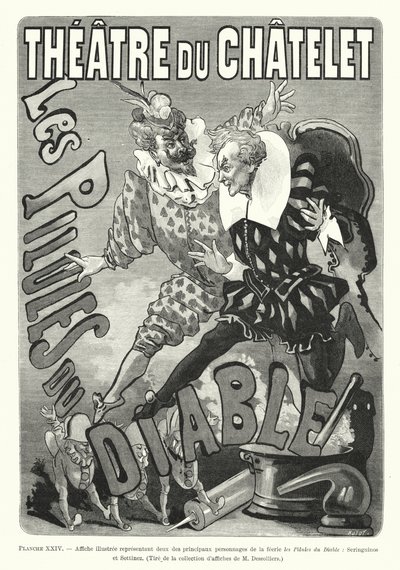 Illustrierte Plakatdarstellung von zwei Hauptfiguren der Feerie Les Pilules du Diable, Seringuinos und Sottinez (Stich) von French School