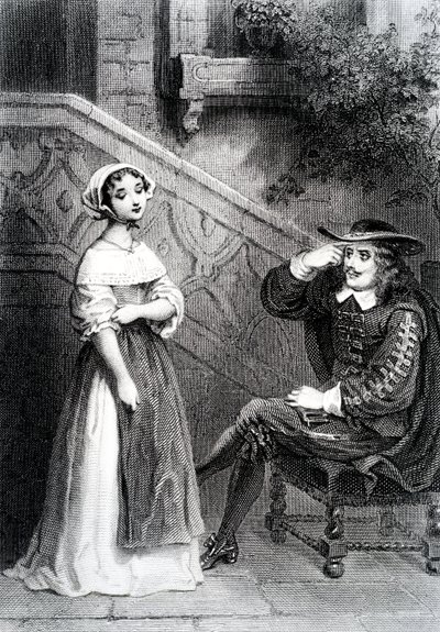 Agnès mit ihrem Vormund Arnolphe, aus Die Schule der Frauen, von Molière von French School