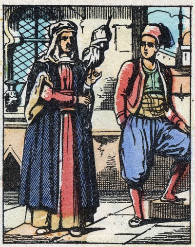 Aladin und seine Mutter leben von ihrer Arbeit. Gravur der Geschichte aus Tausendundeine Nacht „Aladin und die Wunderlampe“. Epinal-Bild, Ende des 19. Jahrhunderts. Private Sammlung. von French School
