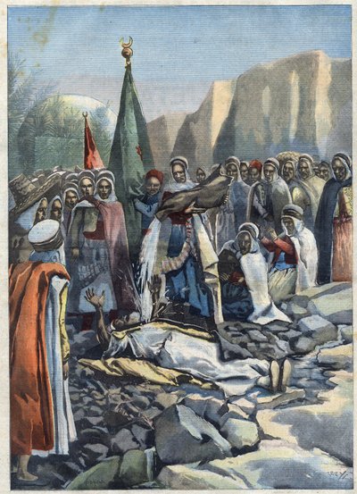 Algerische Dürre: Ein Marabout liegt auf dem Boden und bittet Allah um Regen, in "Le Petit Parisien" von French School
