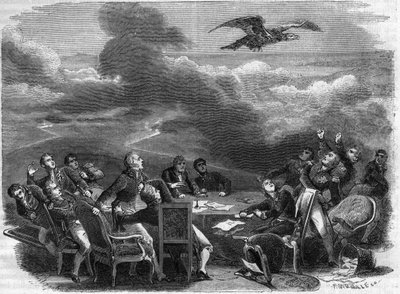 Allegorie des Endes des Wiener Kongresses 1815 - außergewöhnliche Aufregung der Diplomaten beim Erlernen der Landung Napoleons - in „Histoire de l