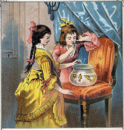 Amelie und Emma haben zwei hübsche Goldfische in einem Glas. Sie füttern sie regelmäßig. Chromolithographie aus „Scenes enfantines“ ed. Guerin - Muller um 1885 von French School