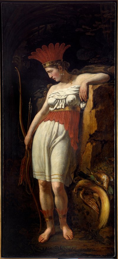 Amerikas Neue Welt. Allegorie als junge Indianerin mit Federn und einem Bogen und Pfeilen von French School