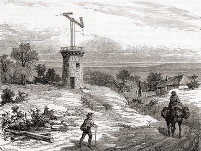 Ein Lufttelegrafenmast im 18. Jahrhundert, aus Les Merveilles de la Science, veröffentlicht um 1870 (Gravur) von French School