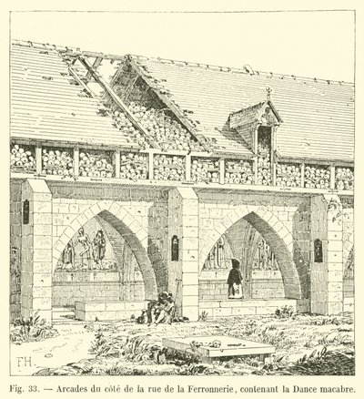 Arkaden auf der Seite der Rue de la Ferronnerie, mit der Totentanz von French School