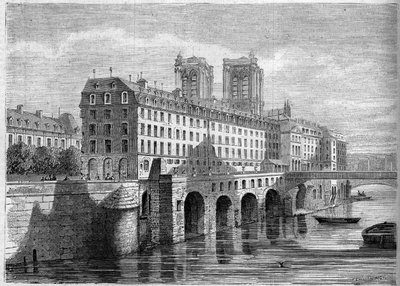 Architektur: Außenansicht des Hôtel-Dieu auf der Île de la Cité in Paris vor seinem Abriss. Ansicht vom Quai de la Tournelle im Jahr 1859. Gravur in „Le Monde Illustré“ Nr. 136 vom 19. November 1859. von French School